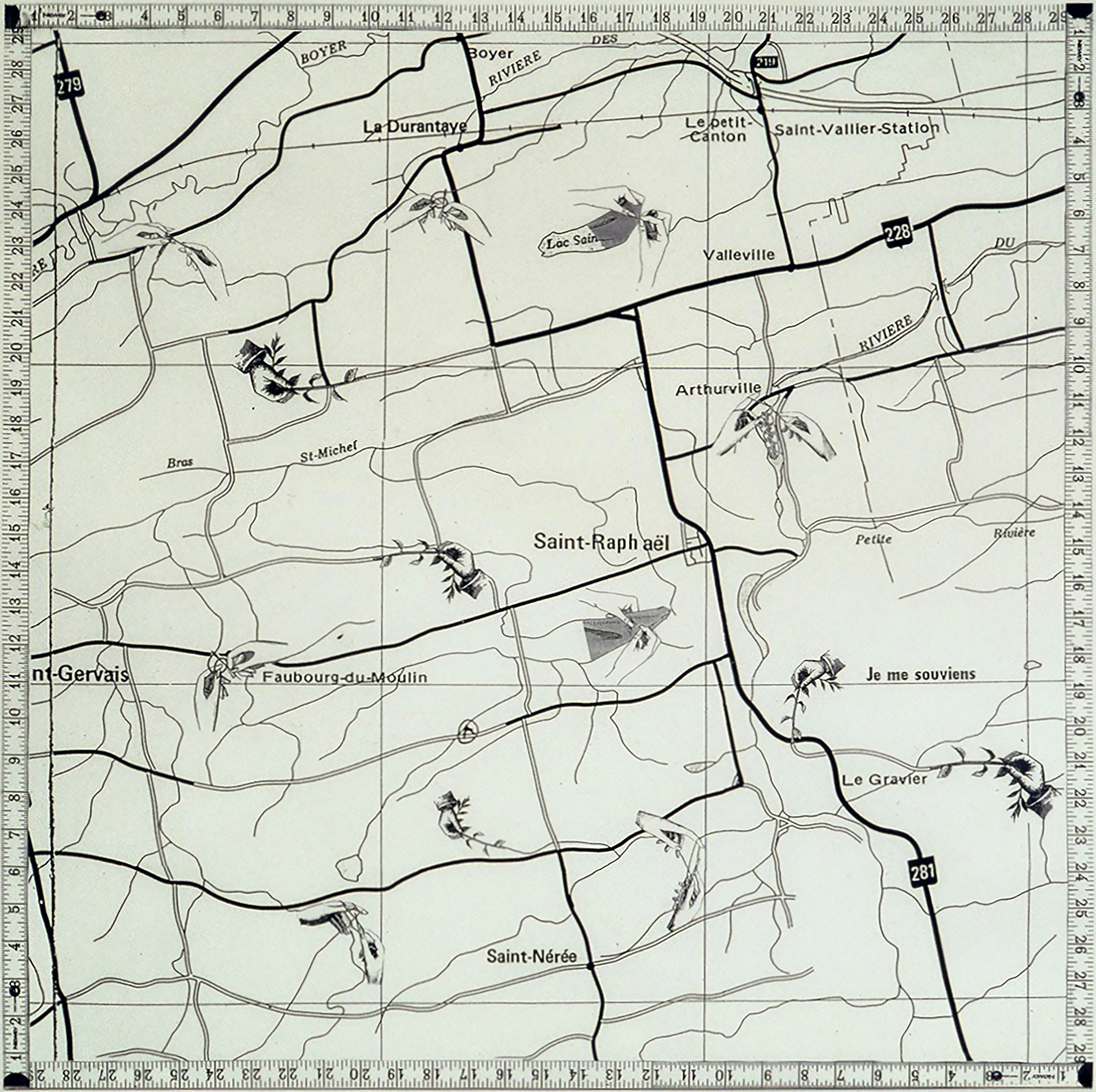 [ Fig. 09 ] <i>River knitters</i>, I remember collection, 1998. Bandanas with Patrice Fortier. Screen printing. Cotton silk and ink, 34 x 34 pc.
