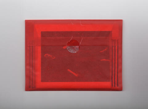 [ Fig. 01 ] Detail of Exercices d’enracinement, viewed through the red sleeve containing the booklet accompanying the exhibition Les témoins. Drawings, videos, and sculptures by Manon Labrecque (curator: Nicole Gingras, Galerie de l’UQàM)